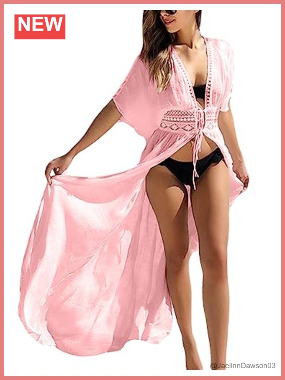 FANCYINN Womens Sheer Lace Kimono Cover Up Tie Front Beachwear